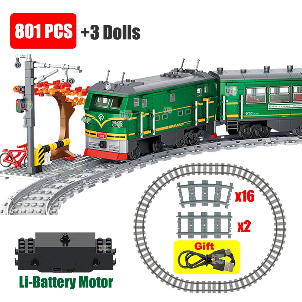 Kids Toys Electric Car - Technisches Retro-Grün-Dampfzug-Stadtauto-Elektromodell mit wiederaufladbarem Lithium-Akku-Motor, Bausteine,