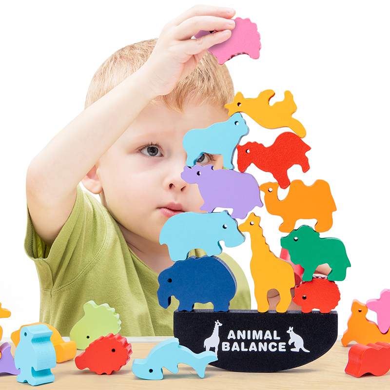 Wooden Blocks Stacking - Montessori Kinder Holz-Tier-Balancierblöcke Brettspiele Spielzeug Dinosaurier