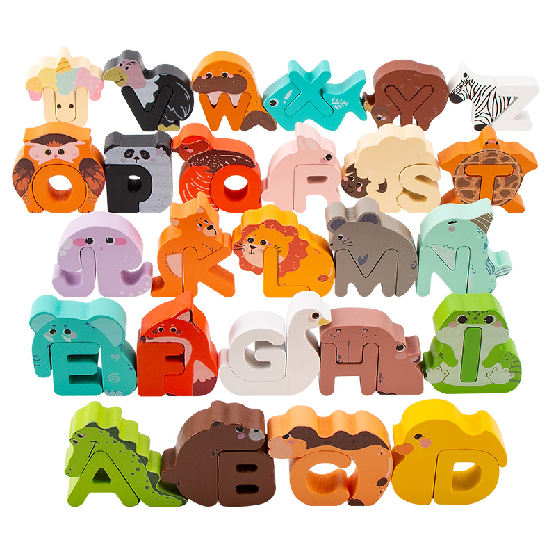 Wooden Blocks Stacking - 26-teiliges Holz-Tier-Alphabet-Set, A-Z Buchstaben-Stapelspielzeug, Lehrreiches Lernspiel