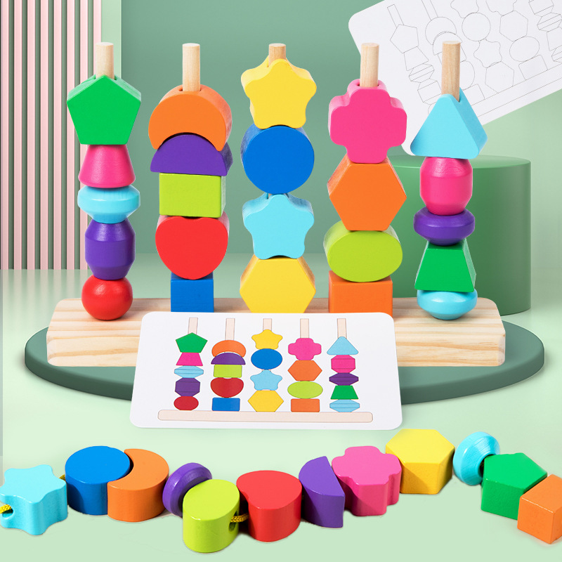 Wooden Blocks Stacking - Montessori-Spielzeugset mit Holzperlen und Sequencing, fünf